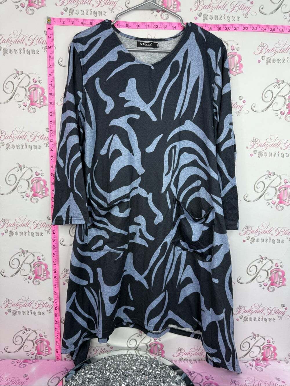 Papa Vancouver mini dress or long shirt Black & Slate Blue Abstract V-Neck Tunic